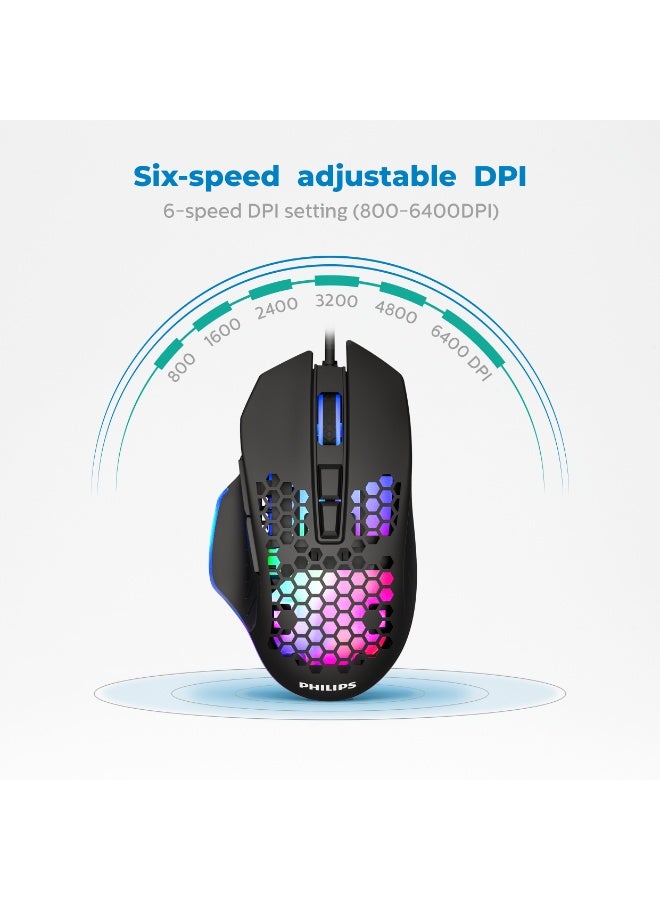 Philips Wired Gaming Mouse – 6400 DPI Optical Sensor, 9 Programmable Buttons, 7-Way RGB Lighting, 6600 FPS, High-Precision Ergonomic Design , Black - Image 3